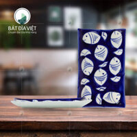 Khay cn s1 men xanh cá trắng Bát Tràng Rộng 19.5cm x Dài 31cm