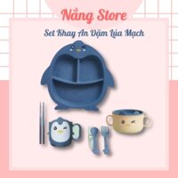 Khay cơm cho bé Nắng Store chất liệu lúa mạch cao cấp chống đổ hình chim cánh cụt xinh xắn kèm đũa thìa dĩa