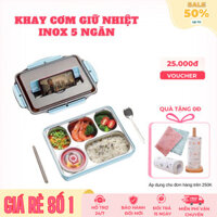 Khay Cơm Giữ Nhiệt Inox 5 Ngăn Phong Cách Hàn Quốc - Khay Cơm Văn Phòng, Suất Ăn Bằng SUS304 An Toàn, Tiện Lợi