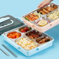 Khay cơm văn phòng BOX khay inox 304 , 5 ngăn cao cấp có kèm thìa, đũa, bát đựng canh có nắp đậy an toàn