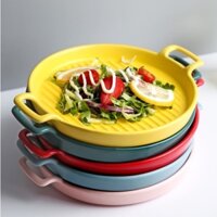 Khay Đĩa Sứ Nướng Phong Cách Bắc Âu Hình Tròn Có 2 Quai Cầm - Đĩa Trang Trí Thức Ăn