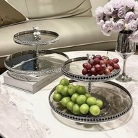 Khay đĩa thủy tinh tròn 2 tầng để trái cây bánh kẹo trà chiều Xoài Decor (MS13)