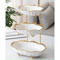 KHAY ĐỰNG BÁNH KẸO HOA QUẢ SỨ 3 TẦNG VIỀN VÀNG SANG TRỌNG