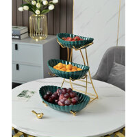 KHAY ĐỰNG BÁNH KẸO HOA QUẢ SỨ 3 TẦNG VIỀN VỎ SÒ CÓ GIÁ BẰNG KIM LOẠI - ANTH663 - Màu xanh