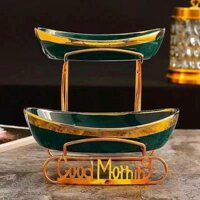 KHAY ĐỰNG BÁNH KẸO HOA QUẢ SỨ 2 TẦNG GOOD MORNING KHUNG KIM LOẠI MẠ VÀNG CAO CẤP - TRẮND