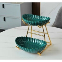 KHAY ĐỰNG BÁNH KẸO HOA QUẢ SỨ HAI TẦNG  VIỀN VỎ SÒ CÓ GIÁ  BẰNG KIM LOẠI - ANTH662 - XANH CỔ VỊT