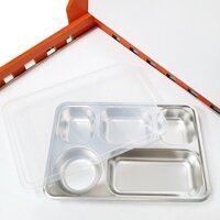 Khay đựng cơm inox 5 ngăn kèm nắp đậy nhựa trong suốt dùng trong văn phòng, trường học
