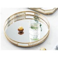 Khay đựng ly cốc khung kim loại mạ vàng đáy gương - Khay tròn