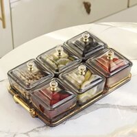 Khay đựng mứt, bánh kẹo tết 6 hũ thủy tinh viền vàng sang trọng kèm khay nhựa Acrylic