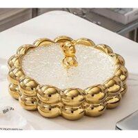Khay đựng mứt tết bằng sứ nắp gấu bằng mika, 4 ngăn bọt bóng, mầu bạc, mầu vàng.