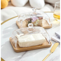 Khay gỗ chụp thủy tinh có nắp đậy bánh nhỏ, decor trang trí bánh, butter