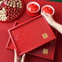 Khay gỗ đỏ chữ hỷ bày ấm chén, bánh kẹo đám cưới
