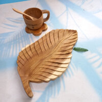 Khay Gỗ Keo Nguyên Khối Hình Chiếc Lá Độc Đáo 28cm, Đĩa Gỗ Decor Phong Cách Mộc