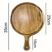 khay gỗ tròn 25cm có tay cầm để bánh pizza, phục vụ quán, trang trí, decor chụp ảnh...