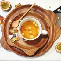 Khay gỗ tròn có tay nắm 33x28cm 100% gỗ xà cừ tự nhiên đựng thức ăn decor