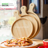 Khay gỗ tròn đựng pizza có tay cầm, decor chụp ảnh sản phẩm - Magichomedecor