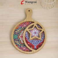 Khay gỗ WANCGAI EID Mubarak, Tinh tế có tay cầm Khay phục vụ thức ăn mặt trăng, Khay đựng trái cây khô EID Thiết kế nghệ thuật Bảng mật độ Khay đựng thức ăn tôn giáo Kẹo