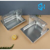 Khay inox 1/2 đựng thức ăn có nắp đậy mica trong suốt mở 2 chiều đầy đủ các size