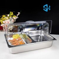 Khay inox 2 ngăn đục lỗ đựng thức ăn - Khay inox giữ lạnh đồ ăn có nắp đậy trong suốt