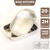 Khay inox 316 Bam KITCHEN đựng thực phẩm có 2 mang xách sáng bóng cao cấp KMX05F