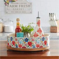 Khay sứ đế gỗ tròn xoay The Pioneer Woman Brilliant Blooms 12"