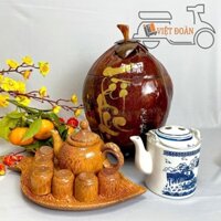 Khay trà, bộ tách trà bằng gỗ dừa / Bộ ủ ấm trà bằng trái dừa chữ thư pháp/ bình trả sứ .Hàng thủ công mỹ nghệ