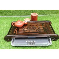 Khay trà cuốn thư khay trà chân cong mặt lọng thủng để ấm chén trang trí nhà cửa gỗ mun