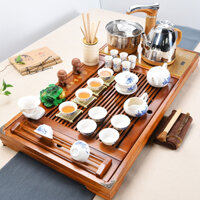 Khay trà điện thông minh gỗ Sồi ấm chén sứ mẫu đơn tặng kèm trà cụ và linh vật - Bàn trà điện bảo hành chính hãng 1 năm