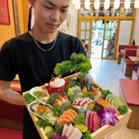 Khay vuông gỗ sushi sashimi đựng cá hồi 25cm, khay gỗ trang trí hải sản quán ăn nhà hàng Nhật