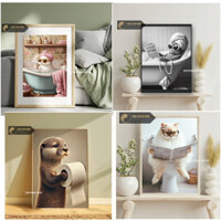 Khổ Lớn -Tranh Treo Tường Canvas Tráng gương Phòng Tắm Toilet Mèo Chó Rái Cá Bò Hài Hước Decor Khách Sạn Nhà Hàng