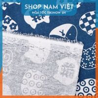 KHỔ LỚN VẢI DÀYVải Linen Thô Họa Tiết Nhật để trải bàn, làm phông chụp, may túi ví - Mèo nền Xanh