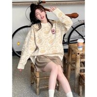 (Kho Sỉ Hà Nội) Áo Sweater Cổ Tròn Dáng Rộng In Hình Gấu, Áo Len In Họa Tiết Phong Cách Hàn Quốc Thời Trang Thu Đông Nữ