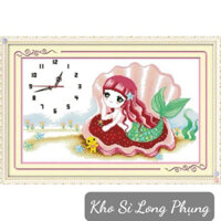 kho Sỉ)Tranh Thêu Chữ Thập Đồng Hồ Nàng tiên Cá A1070:55x36cm(khách tự thêu)