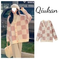 Khoác len Cardigan kẻ ô to form rộng chùm mông, Áo khoác len nữ chất len dệt mềm mịn cao cấp