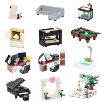Khối xây dựng mô phỏng thành phố MOC, đèn đường, ghế dài, ghế sofa gia đình, bàn cà phê, bể cá, khối xây dựng lắp ráp, đồ trang trí