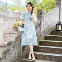 [KHÔNG CÓ SẴN_Order] Sườn xám cổ tàu Cách tân hoạ tiết áo dài sen mặc tết sườn xám đi tiệc