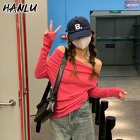 Không Đều Pháp Xương Đòn lệch Vai Thiết Kế Hàng Đầu Hoa Hồng Đỏ Băng Lụa Áo Len Nữ Tay Dài