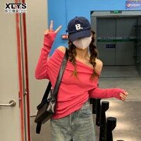 Không Đều Pháp Xương Đòn lệch Vai Thiết Kế Hàng Đầu Hoa Hồng Đỏ Băng Lụa Áo Len Nữ Tay Dài