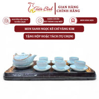 [Không kèm khay] Bộ ấm chén uống trà Bát Tràng men xanh ngọc kẻ chỉ vàng kim nhiều dáng thương hiệu Tiến Bình