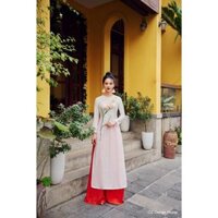 [Không kèm quần] Áo dài nữ OZ Design House thô lụa cổ tròn dáng truyền thống thêu hoa lay ơn màu trắng