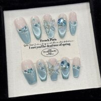 [Không keo thủ công] Miếng dán móng giả đá Sapphire mắt mèo màu xanh dương hình bướm pha lê Miếng dán móng giả có thể tái sử dụng