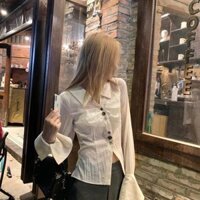 Không khí Mặc loe Thiết kế dài tay Niche Slim-Fit Áo sơ mi màu vàng nhạt Sửa chữa ngọt cay ngắn hàng đầu mùa thu