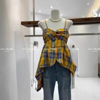 Không tay hở lưng thiết kế bất quy tắc Áo vest nữ kẻ sọc mỏng mẫu mới màu tương phản mùa hè hai dây xoắn H9XI