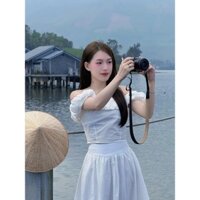 |Khositl| set áo crop trắng ren hoa trễ rớt vai + chân váy maxi