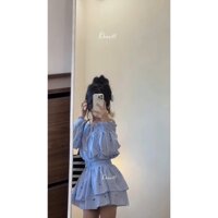 |Khositl| set áo sọc xanh tay dài trễ vai smocking vai thắt nơ + chân váy xòe tầng