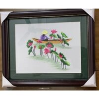 Khung tranh thêu tay hoàn thiện - Cô gái hái sen 30x35cm cả khung
