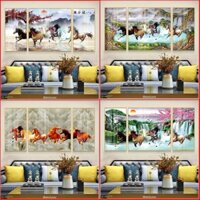 Khung tranh treo tường phòng khách - Tranh bộ 3 canvas tám con ngựa phi nước đại giá rẻ