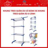 Khung treo quần áo có bánh xe khung treo quần áo 6 cánh giàn phơi gấp gọn đa năng