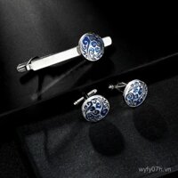 Khuy măng sét họa tiết xanh mới sáng tạo cho nam, bộ phụ kiện kẹp cà vạt áo sơ mi Pháp, hộp quà tặng