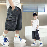 [Khuyến mãi 50% off] Quần jeans cargo cho bé trai, quần short mùa hè cho trẻ lớn, quần mỏng rộng năm điểm, quần bảy điểm denim mềm